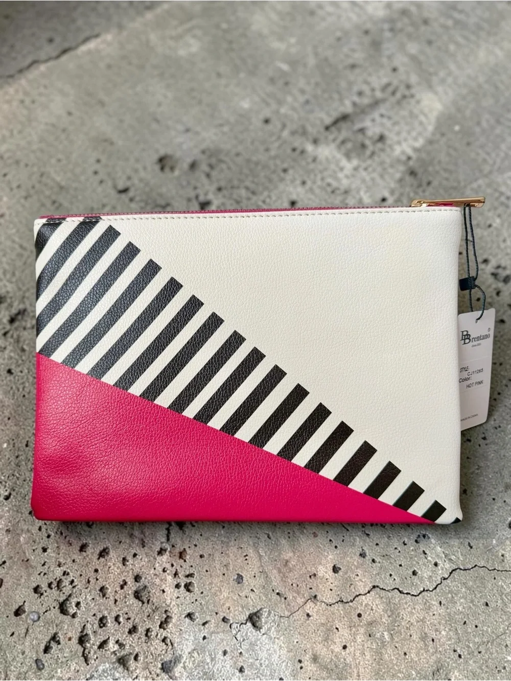 Brentano Geometric Vegan Pink Black & White Stripe Zip Clutch